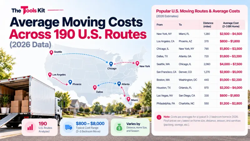 A data table of moving cost estimates across United States routes