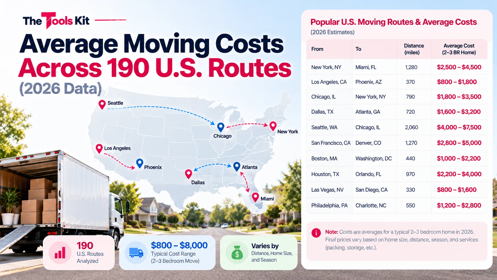 A data table of moving cost estimates across United States routes