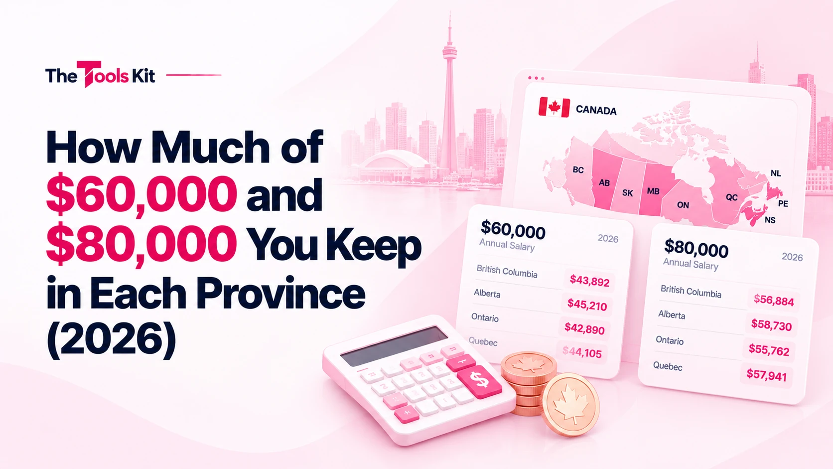 A map of Canada with take-home pay figures over each province