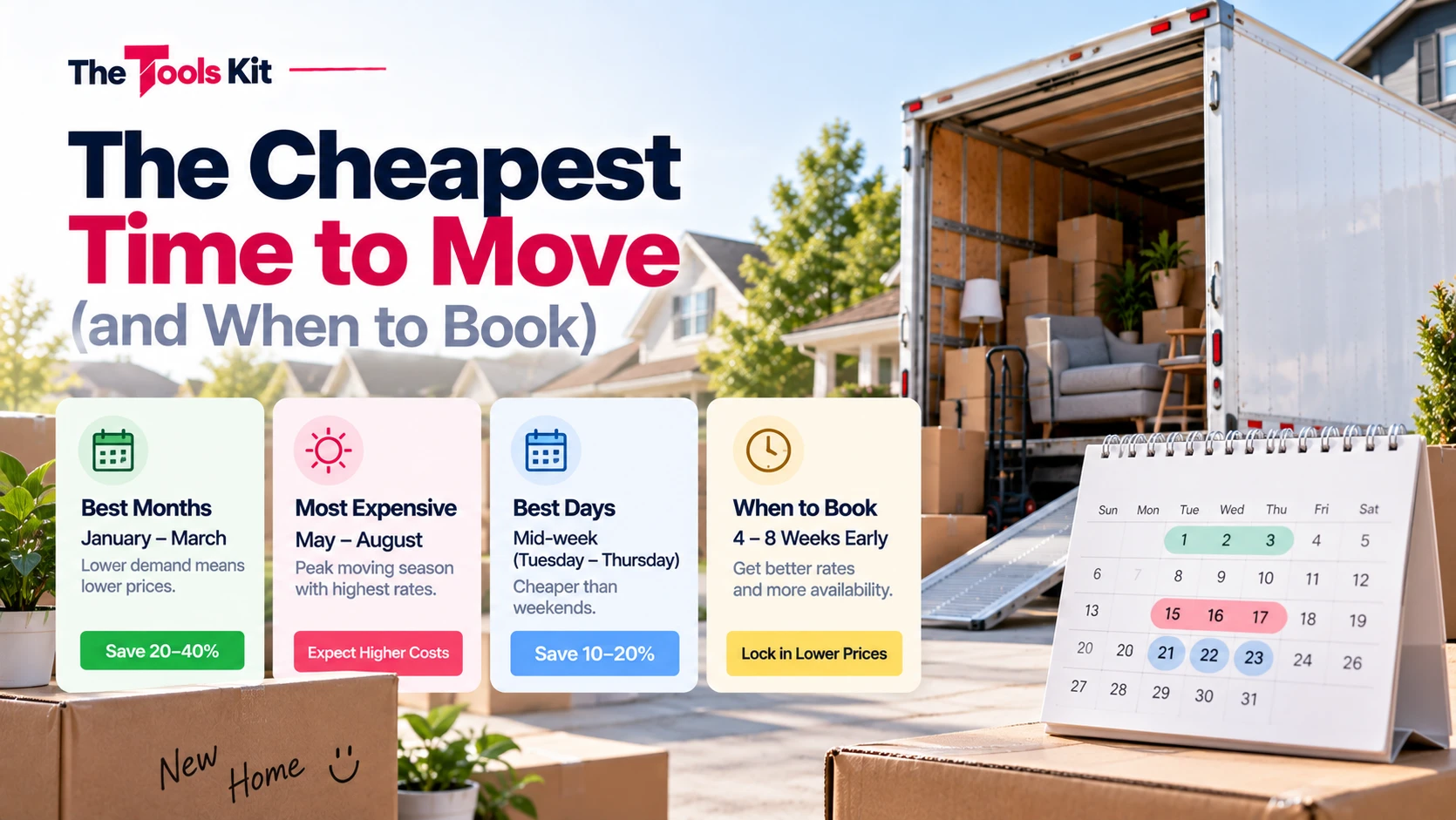 A calendar highlighting cheaper mid-week moving dates