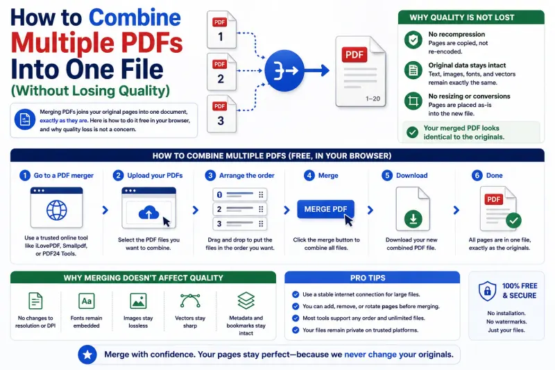 Several separate PDF documents being combined into a single merged PDF file