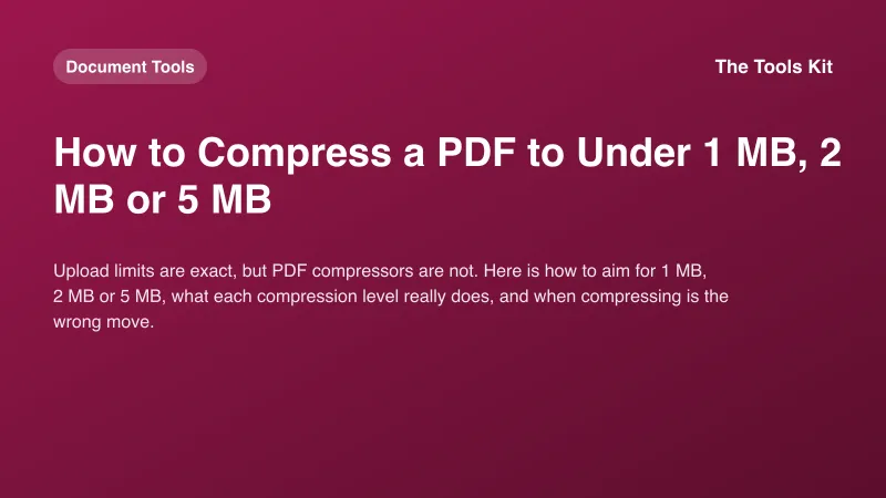 A simple branded cover reading "How to Compress a PDF to Under 1 MB, 2 MB or 5 MB" with a PDF icon and a size gauge