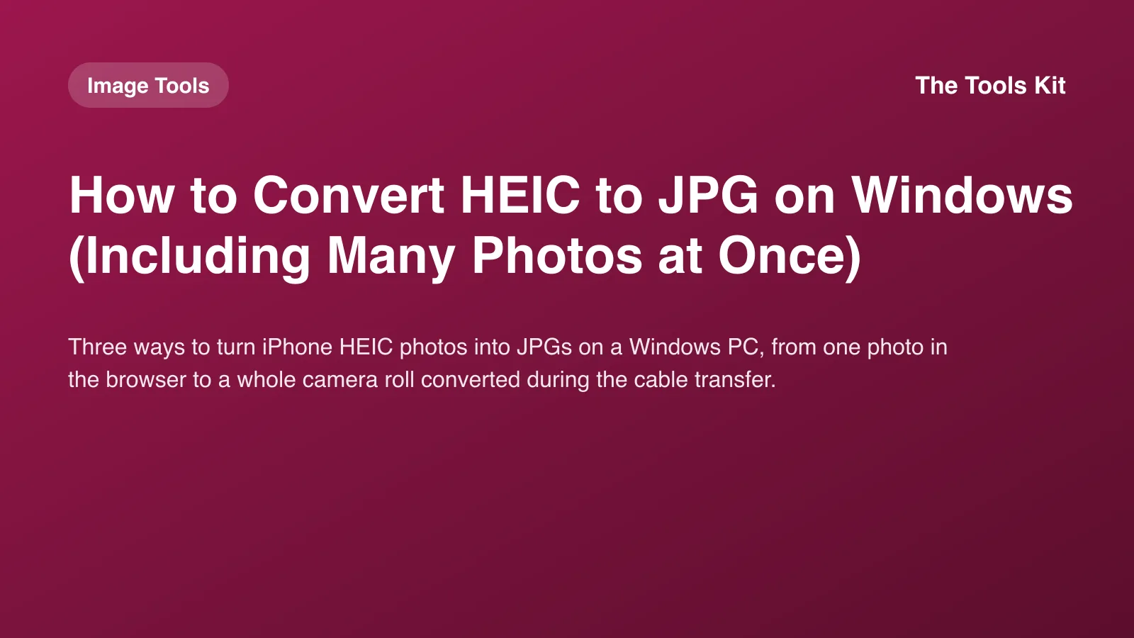 Simple Tools Kit cover with the title How to Convert HEIC to JPG on Windows beside a laptop showing a folder of photos