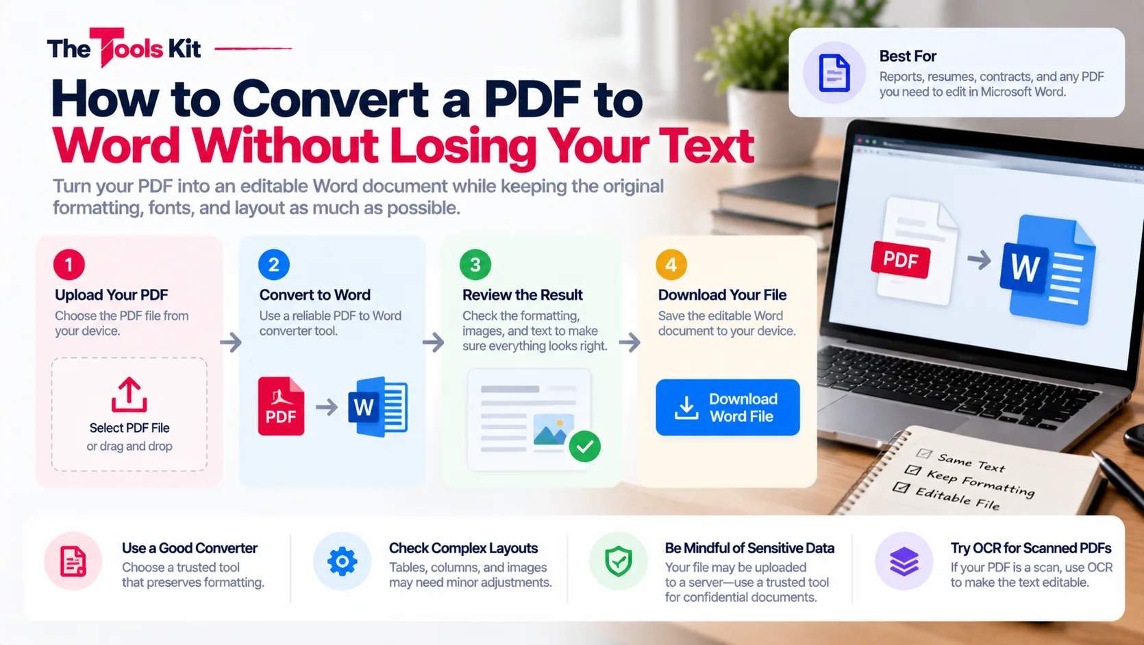 A PDF document being converted into an editable Word document on a laptop screen