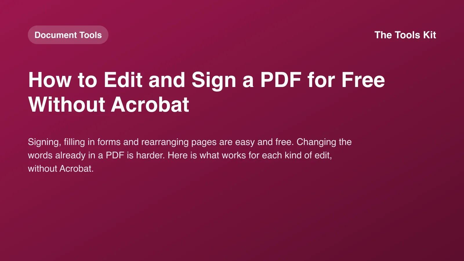 A simple branded cover reading "How to Edit and Sign a PDF for Free Without Acrobat" with a PDF page, a pen and a signature line