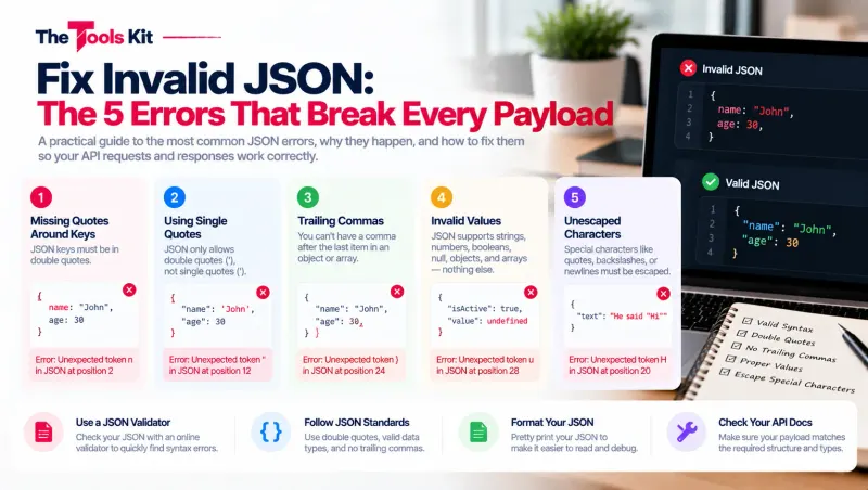 Code editor showing a JSON syntax error being identified and fixed