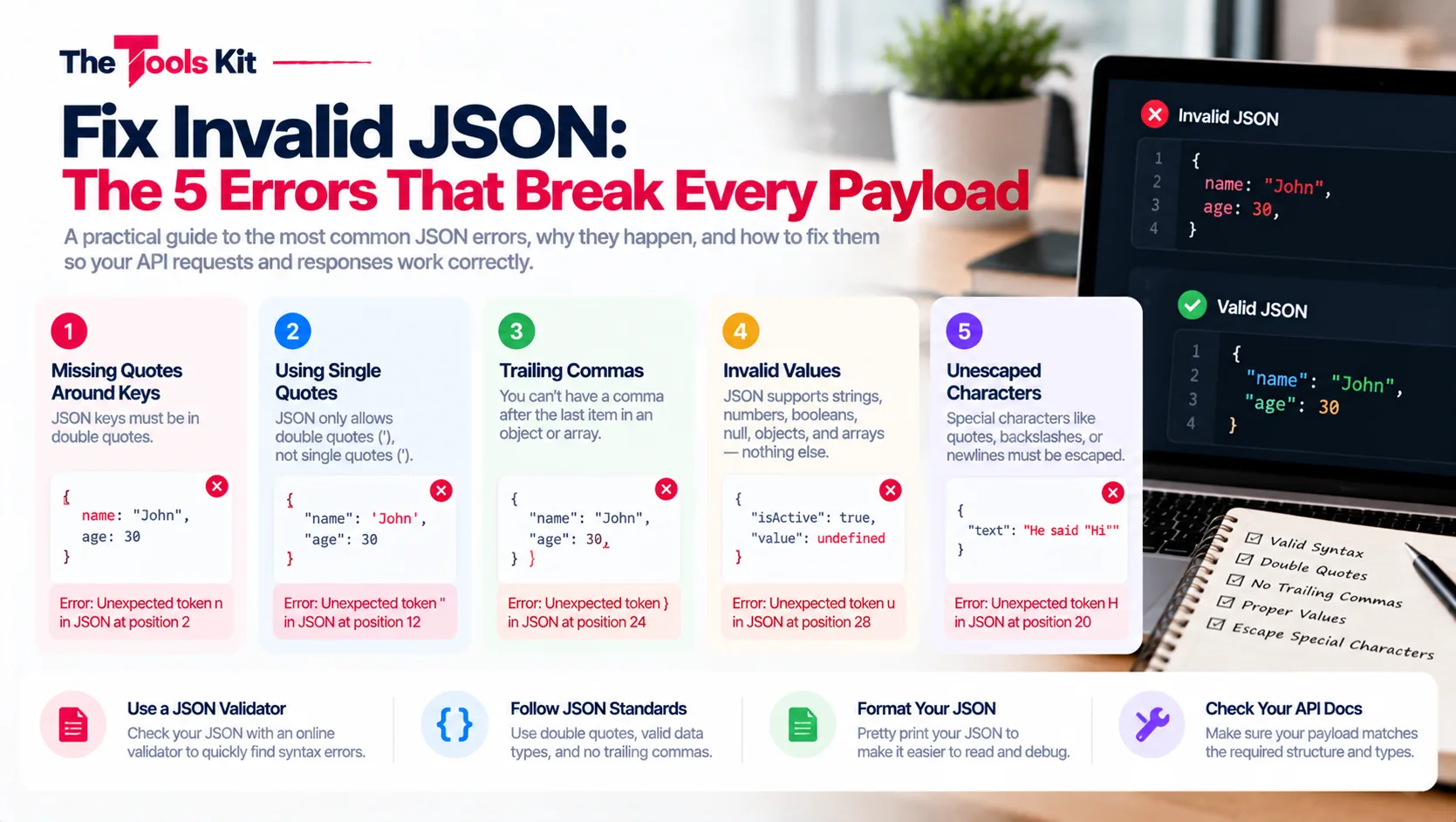 Code editor showing a JSON syntax error being identified and fixed