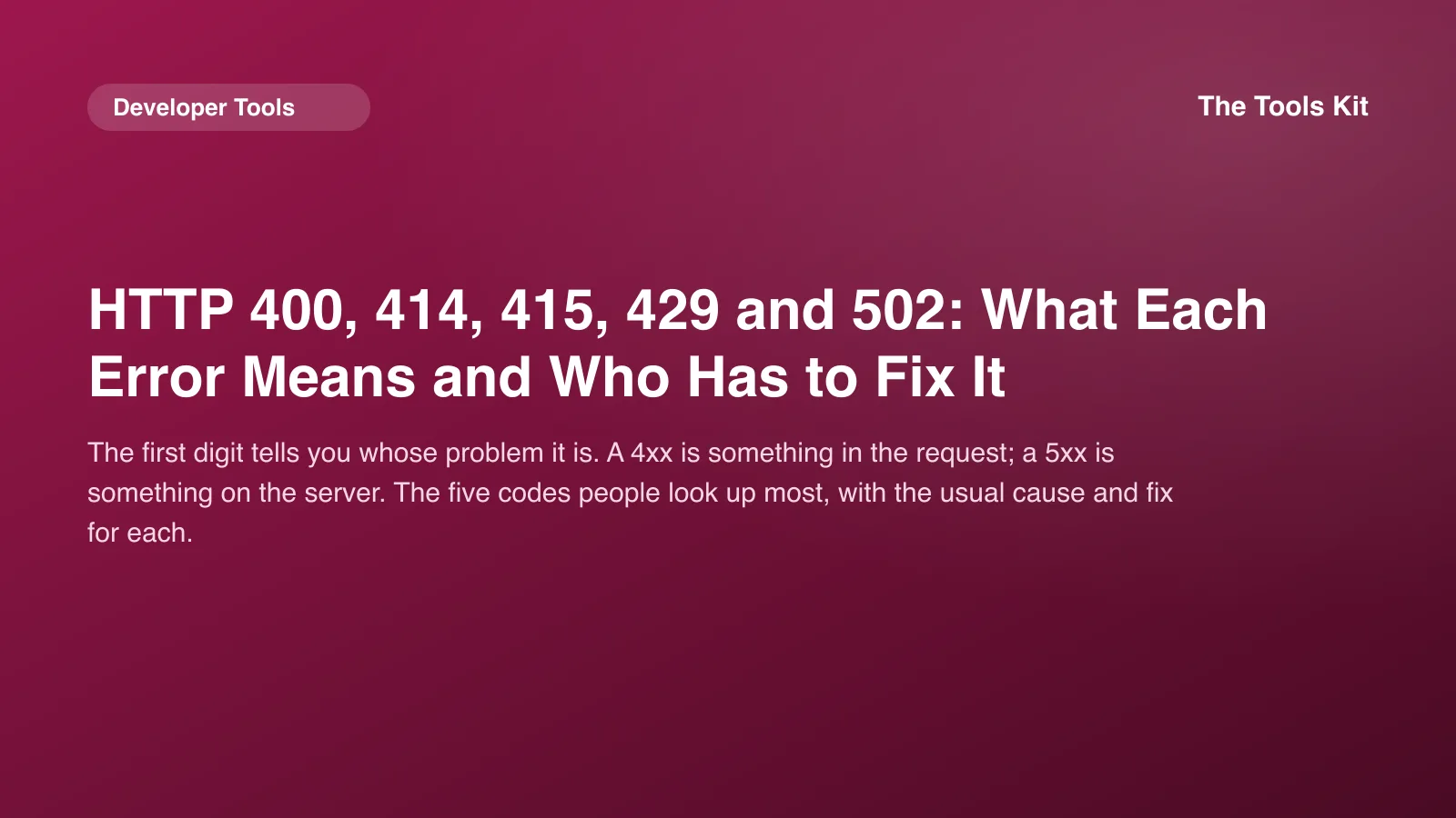 The Tools Kit cover with the title HTTP 400, 414, 415, 429 and 502: What Each Error Means on a brand gradient
