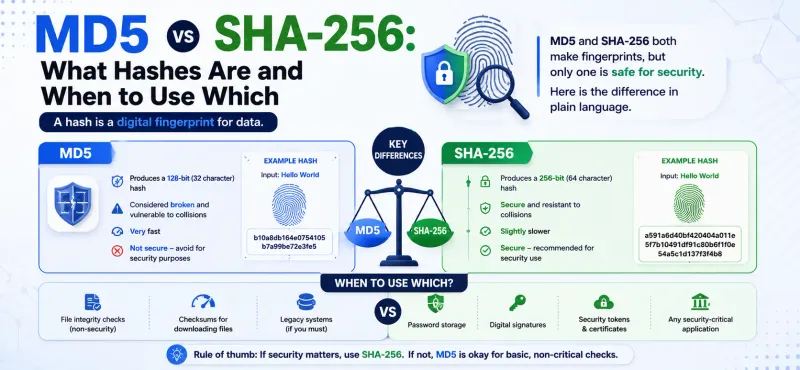 Illustration of text being transformed into MD5 and SHA-256 hash fingerprints