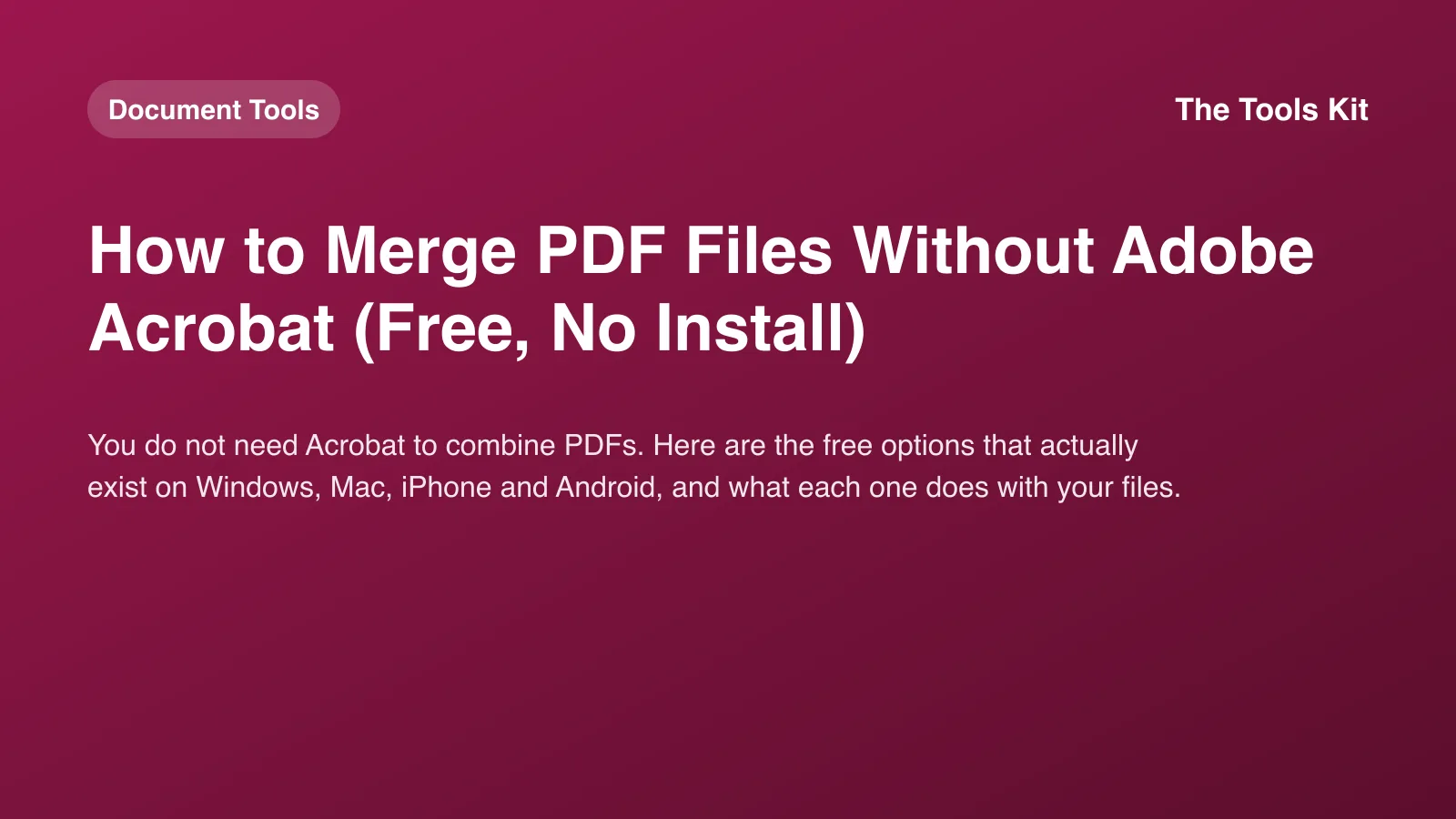 A simple branded cover reading "How to Merge PDF Files Without Adobe Acrobat" with two PDF icons joining into one