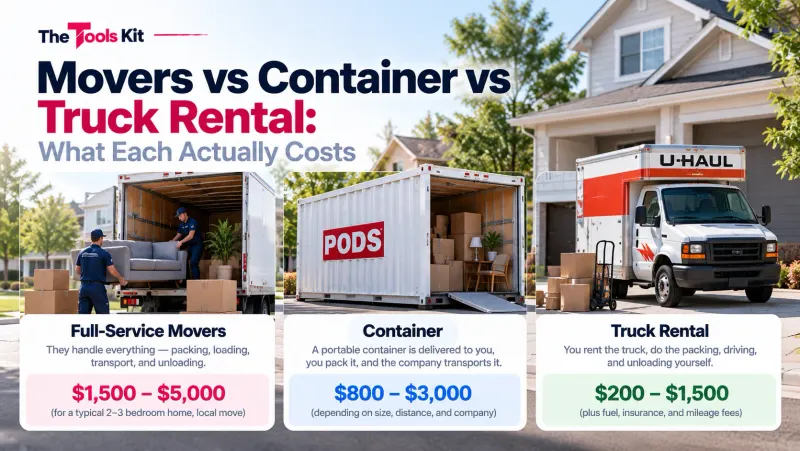 A moving truck, a portable container, and a rental van compared