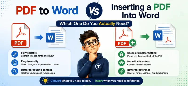 Side by side comparison of converting a PDF to Word versus embedding a PDF inside a Word document
