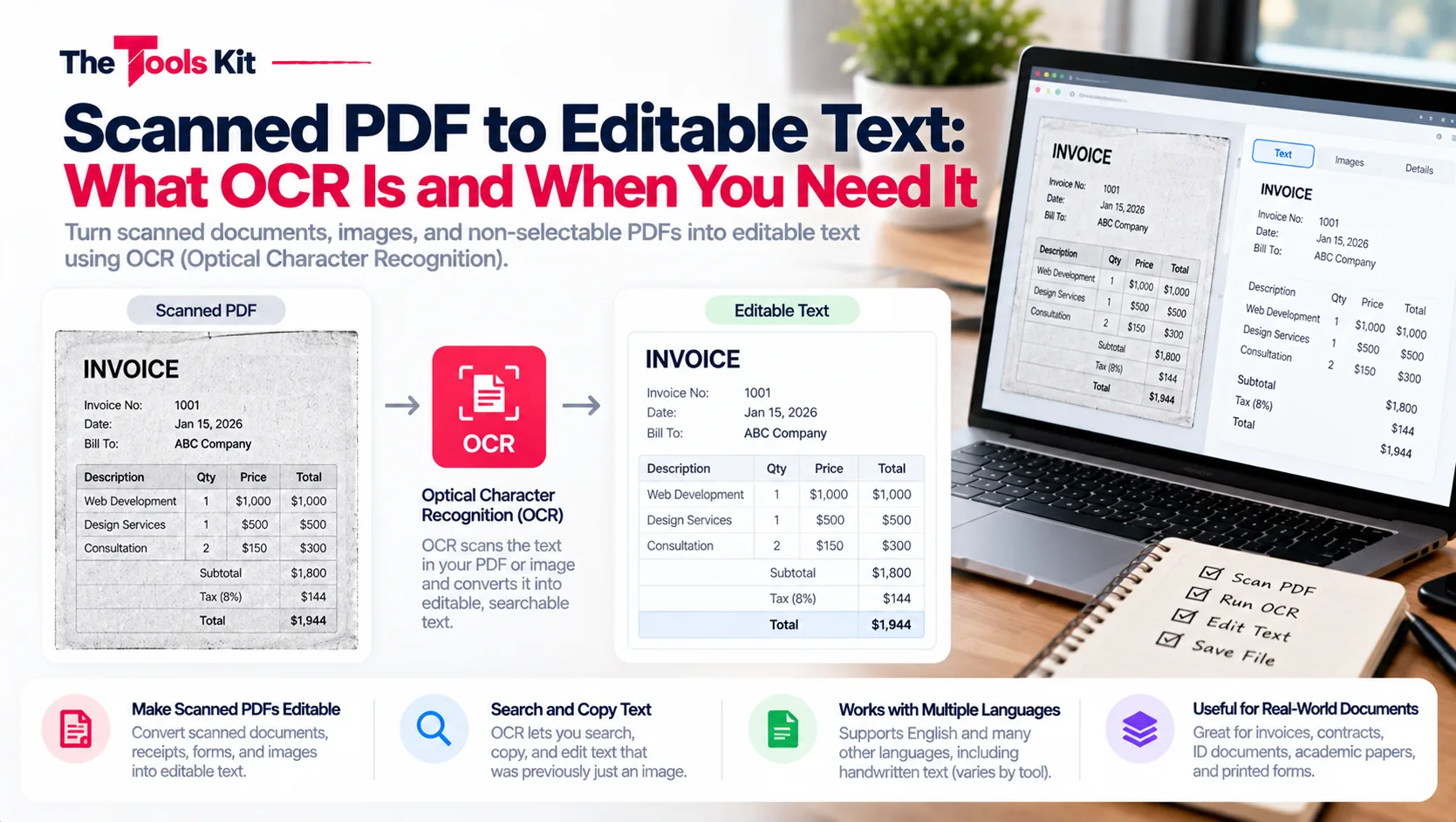 A scanned paper document being processed by OCR software into editable digital text