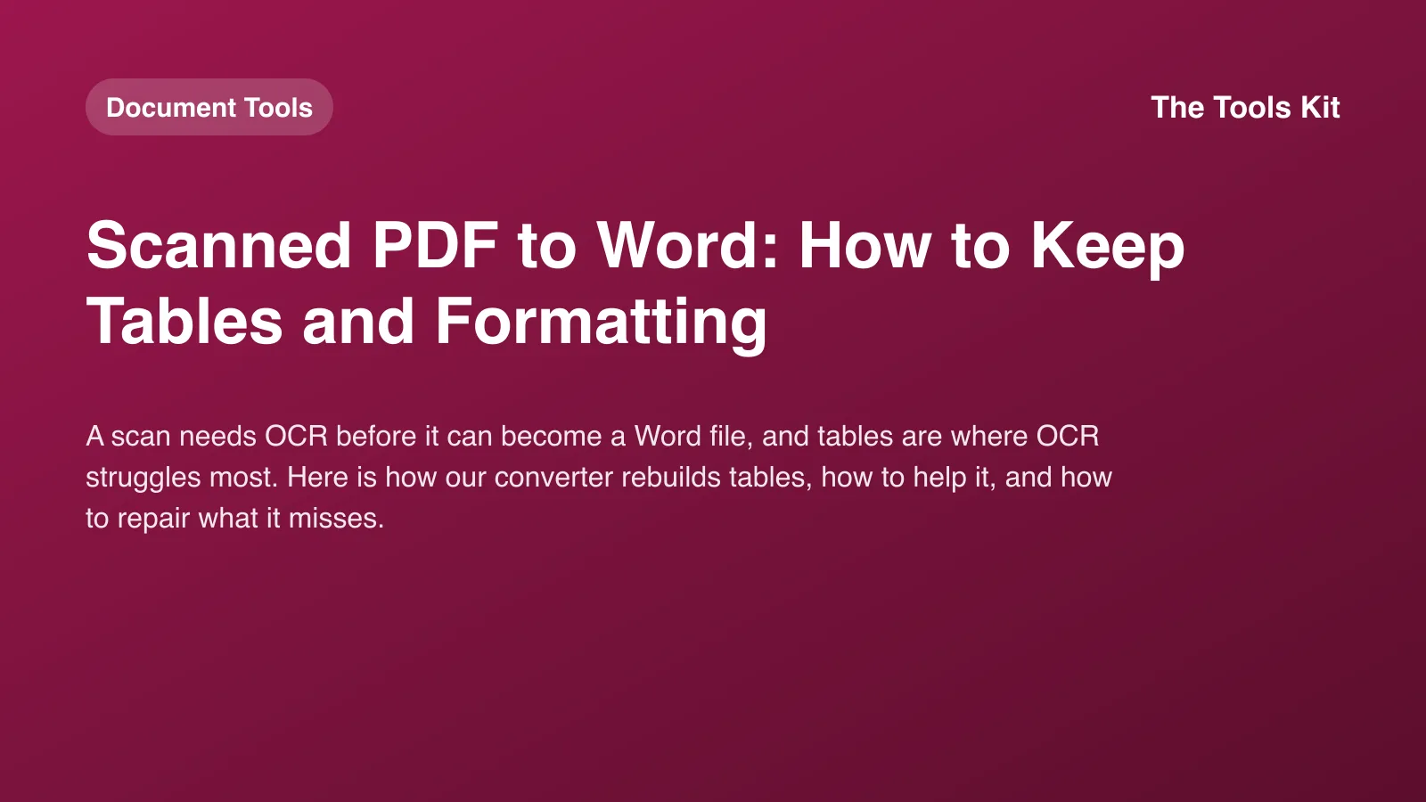 A simple branded cover reading "Scanned PDF to Word: How to Keep Tables and Formatting" with a scanned page becoming a Word table