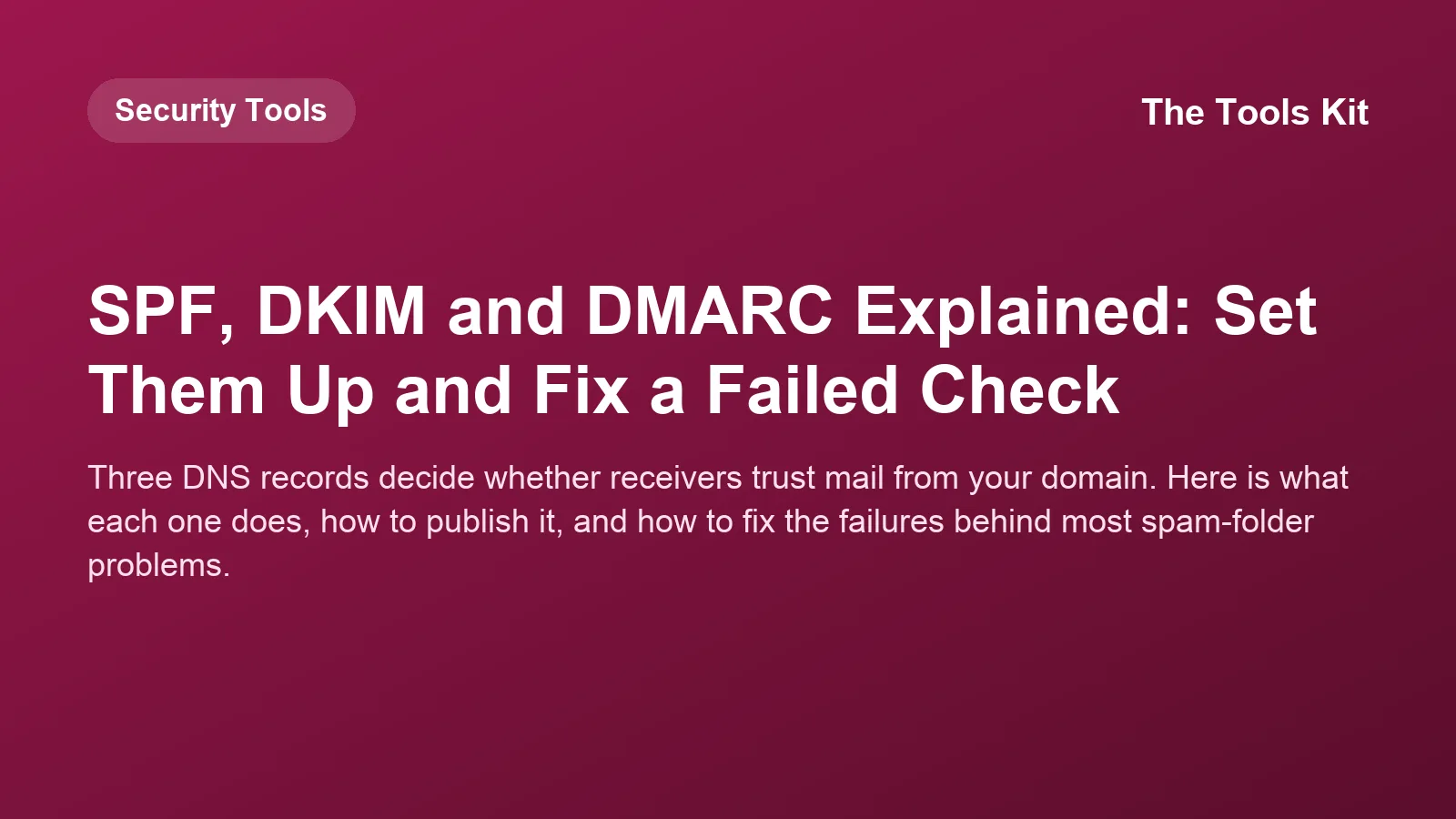 Three DNS TXT records for SPF, DKIM and DMARC shown next to an email envelope with a green check mark