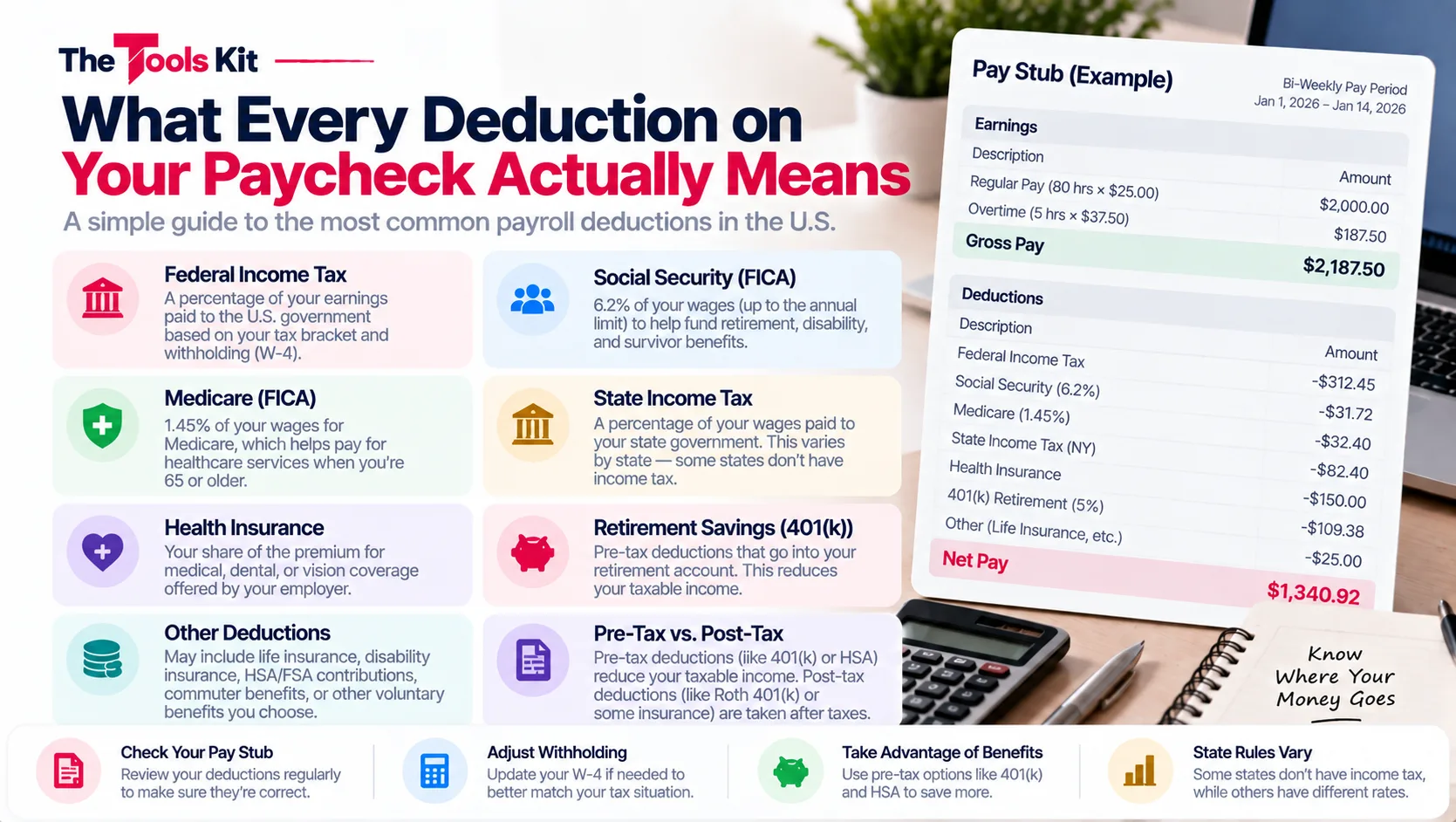 A pay stub with each deduction line explained