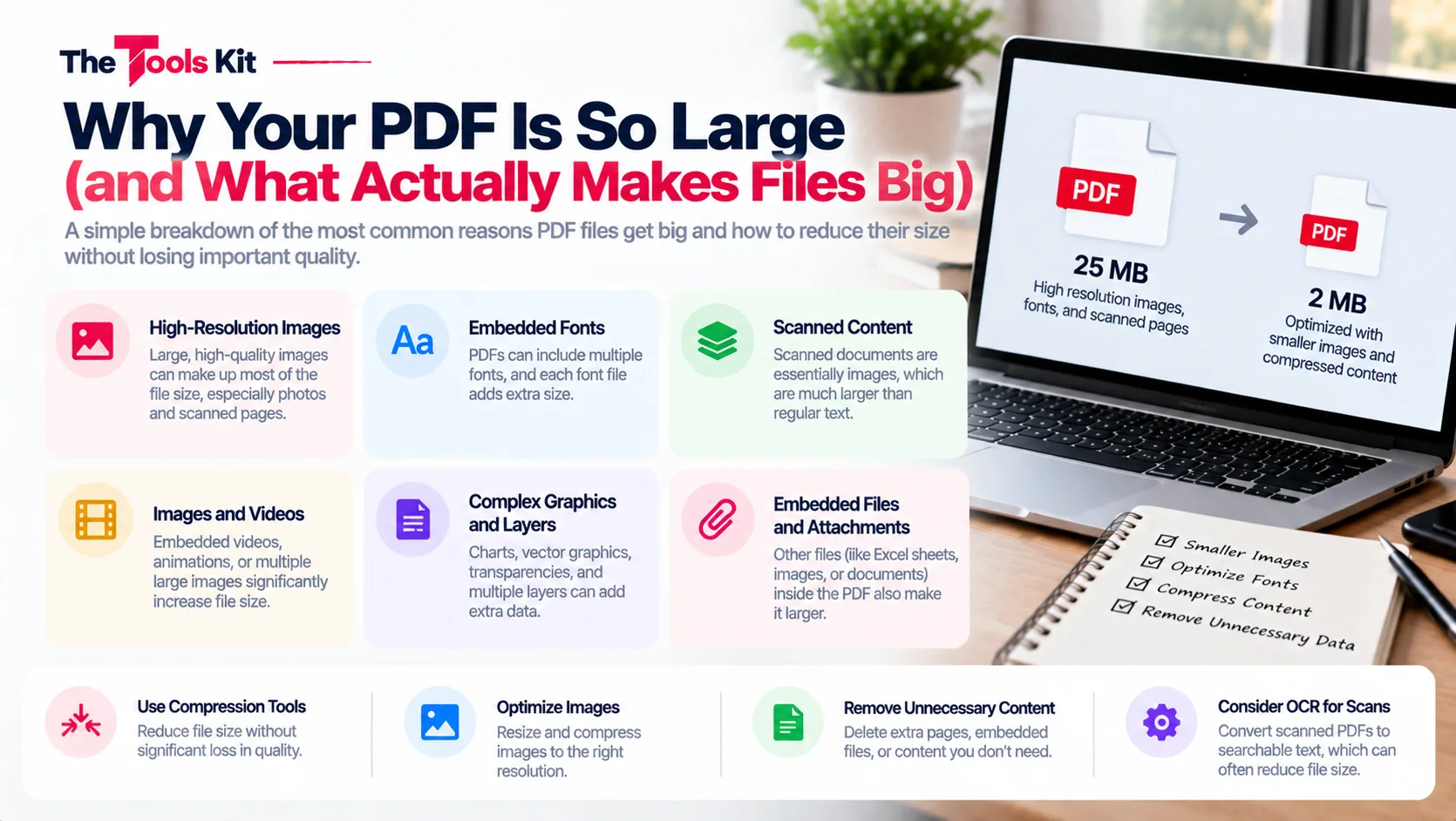 Diagram showing that images and scans make up most of a PDF file's size compared to text
